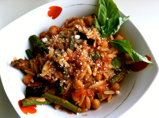 Orzo with Roasted Asparagus, Chickpeas and Eggplant in Smokey Arrabbiata SauceOrzo with Roasted Asparagus, Chickpeas and Eggplant in Smokey Arrabbiata Sauce